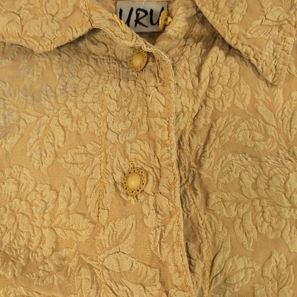 Uru 100% Silk Blouse Yellow Embossed Floral Flowers Button Textured 3/4 sleeve L - Picture 4 of 11